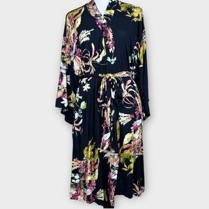 SOMA‎ Cool Nights Robe Floral Print Kimono Sleeve Open Front Tie Waist Pockets